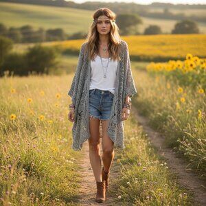 Daytrip Sage Green Crochet Open-Front Cardigan Boho Festival Layering Top Size L